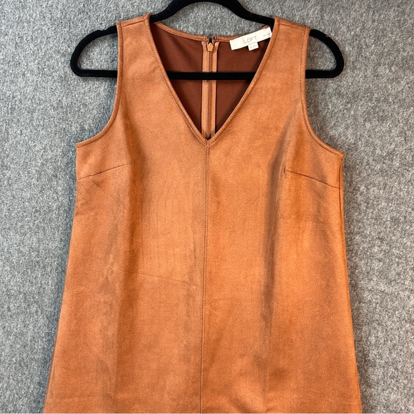 LOFT Dress Womens Petite 6P Brown Faux Suede Sleeveless Shift V-Neck Mini - Picture 3 of 14